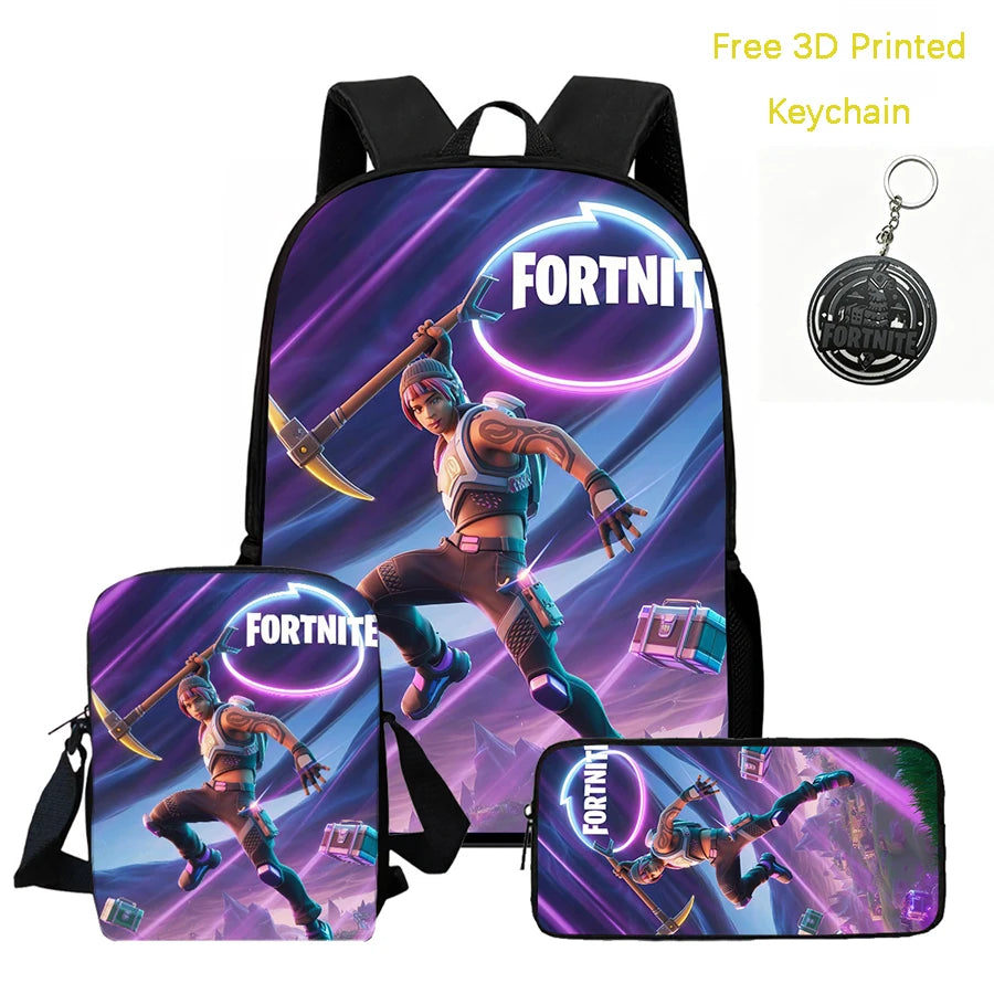 Conjunto de mochila infantil 3 peças, mala a tiracolo e estojo, mala FORTNITE com desenhos, leve para meninos e meninas dos 5 aos 10 anos, porta-chaves 3D impresso grátis