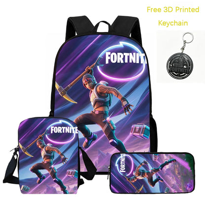 Conjunto de mochila infantil 3 peças, mala a tiracolo e estojo, mala FORTNITE com desenhos, leve para meninos e meninas dos 5 aos 10 anos, porta-chaves 3D impresso grátis