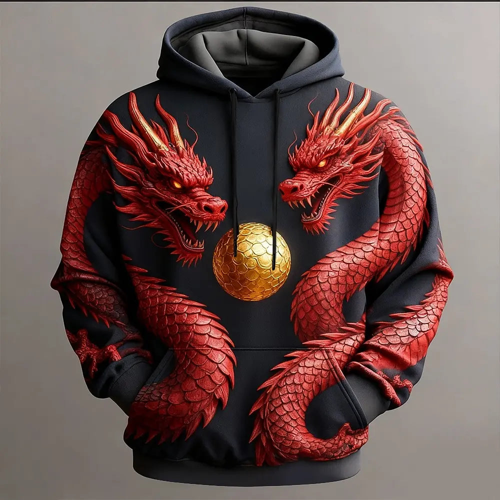 Men's 3D Printed Dragon Clan Golden Dan Pattern Hooded Sweatshirt Casual Polyester Autumn and Winter Casual Clothing