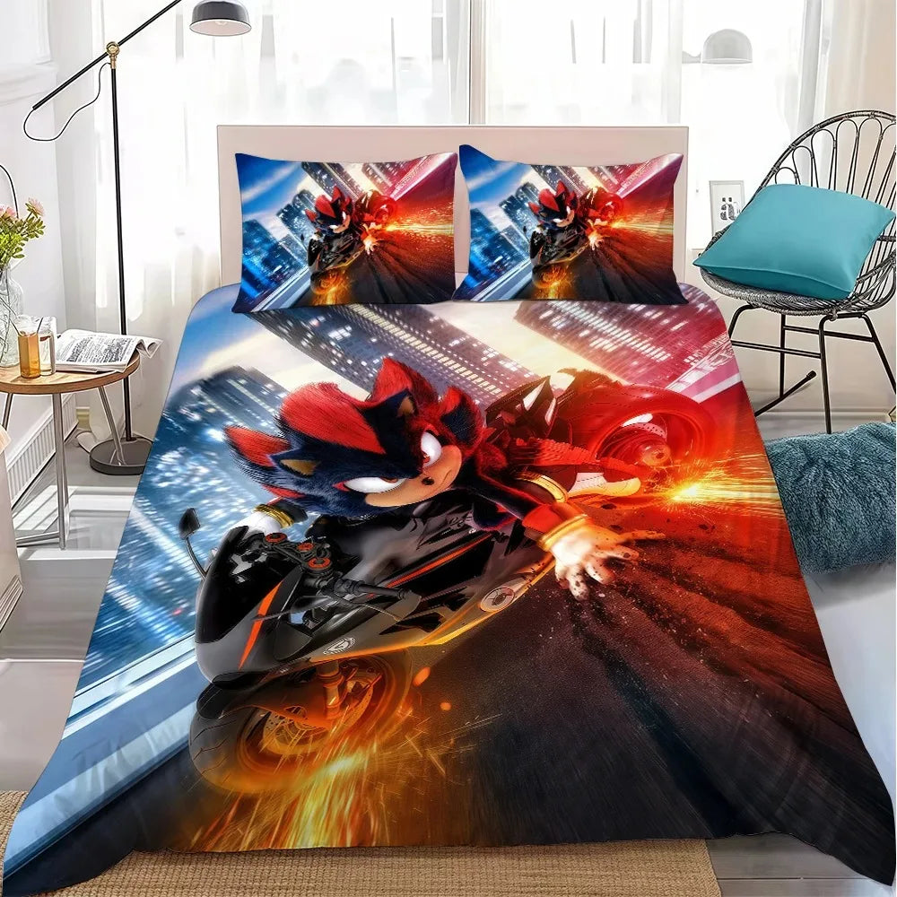 Conjunto de Capa de Edredão The Movie H-Hedgehog S-SonicES 3 em Algodão Lavado Macio, Roupa de Cama Confortável de Verão para Dormitório de Estudante e Casa, 2/3 Peças
