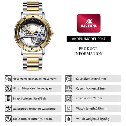 AKDPN Men's Watches Automatic Mechanical Stainless Steel Men's Wrist Watch Skeleton Automatic Watches for Man Watch Montre Homme