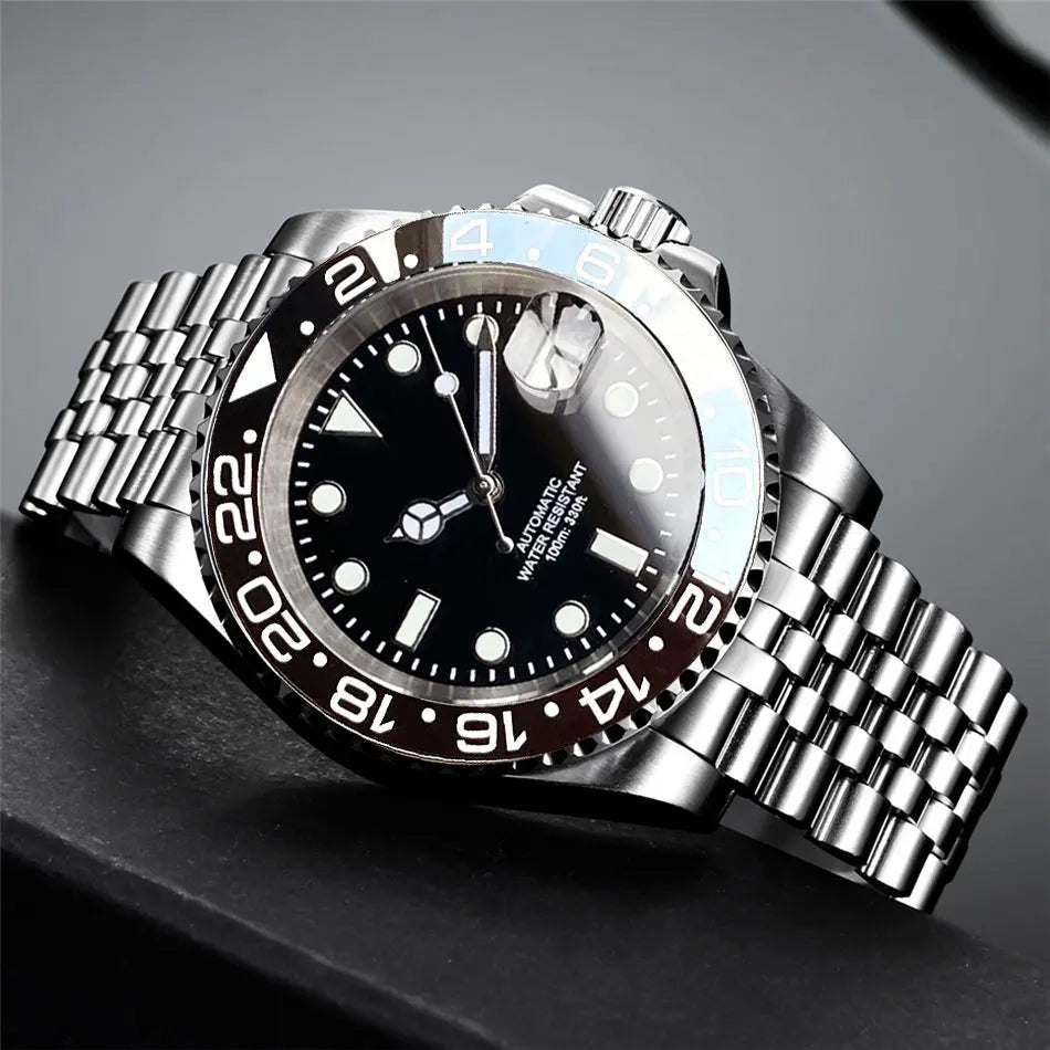 Relógio de Homem Automático Miyota8215 Impermeável 200m, Relógio de Mergulho 40mm com Movimento Mecânico, Luminoso, Bracelete Jubilee e Fecho Glide Lock