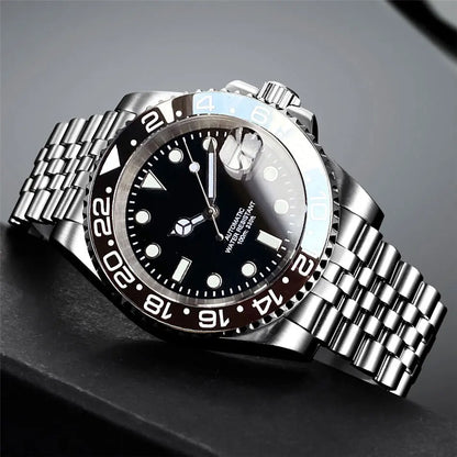 Relógio de Homem Automático Miyota8215 Impermeável 200m, Relógio de Mergulho 40mm com Movimento Mecânico, Luminoso, Bracelete Jubilee e Fecho Glide Lock