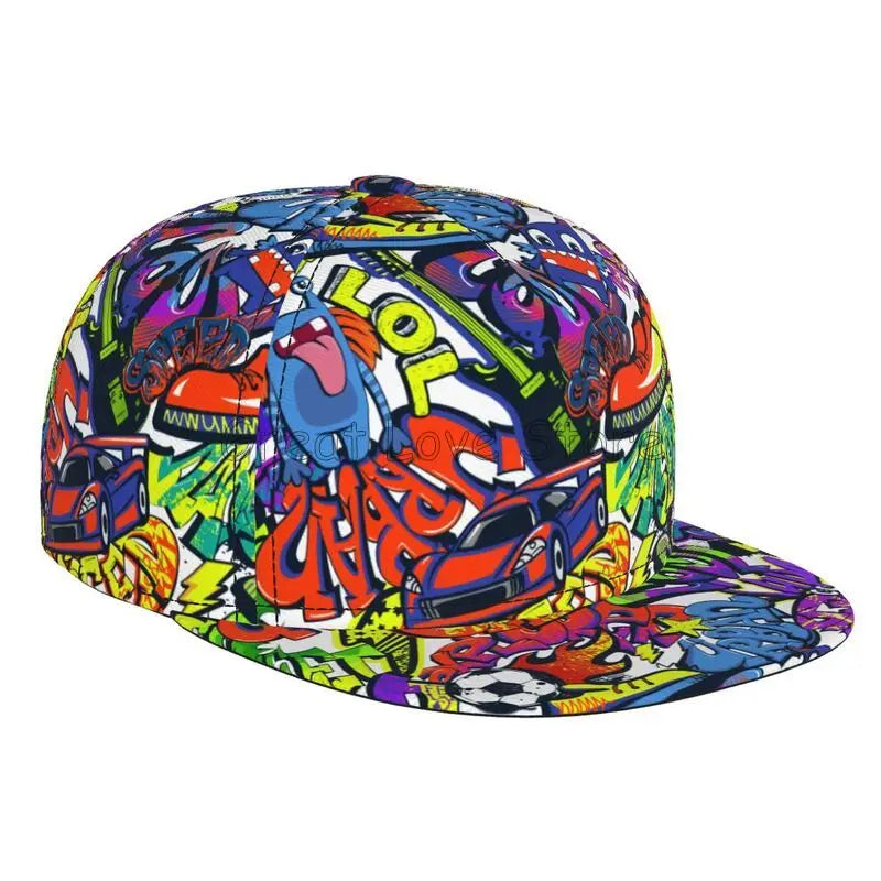 Farverig baseballcap med graffitikunst-print, justerbar snapback-kasket til mænd og kvinder, unisex hiphop-kasketter med flad skygge