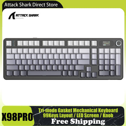 ATTACK SHARK X98PRO Tri-mode Gasket Mechanical Keyboard with TFT Screen & Knob, 99 Keys Layout, 5-Layer Foams, Hot-Swap, RGB