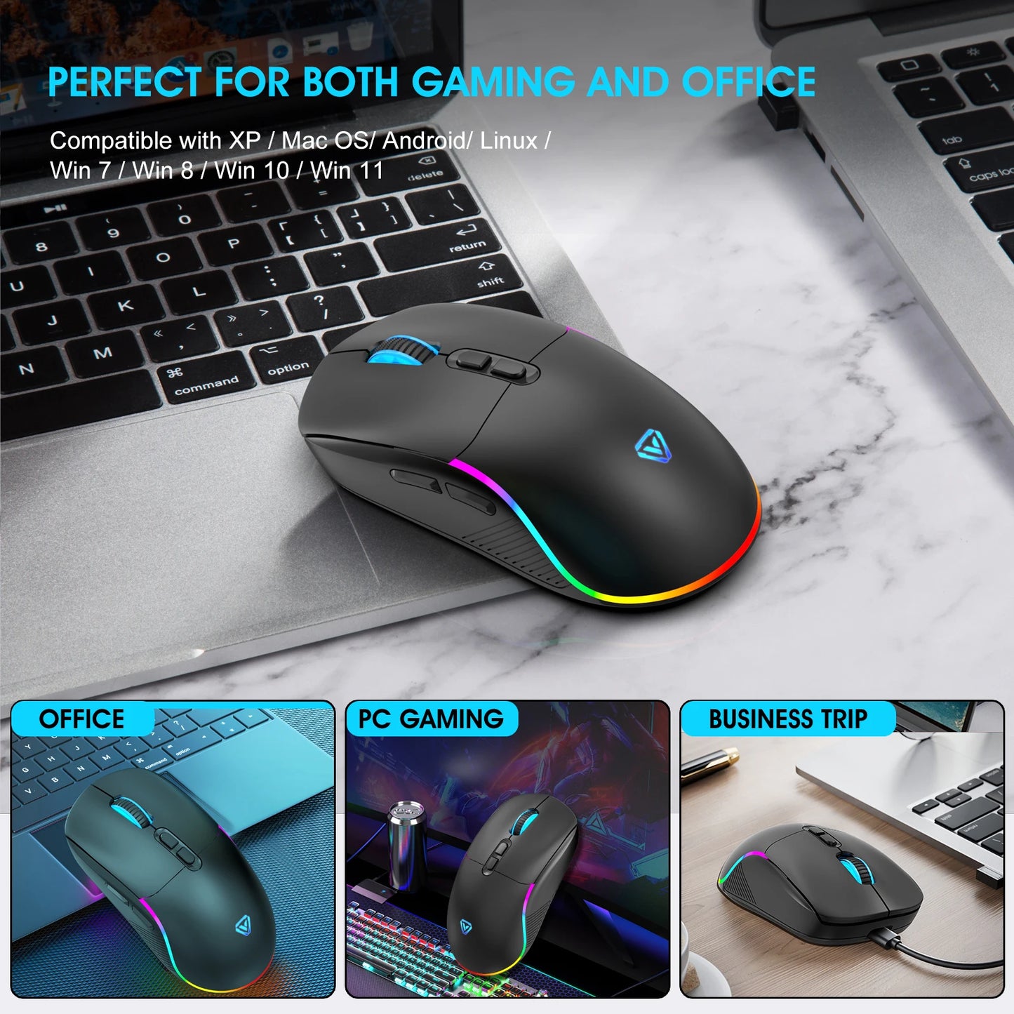 Rato Tri-Mode 2.4G sem fios/Bluetooth/com fios, DPI ajustável em 6 níveis, bateria de 500mAh, iluminação RGB, rato de gaming e eSports com macro para escritório