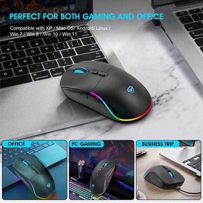 Rato Tri-Mode 2.4G sem fios/Bluetooth/com fios, DPI ajustável em 6 níveis, bateria de 500mAh, iluminação RGB, rato de gaming e eSports com macro para escritório