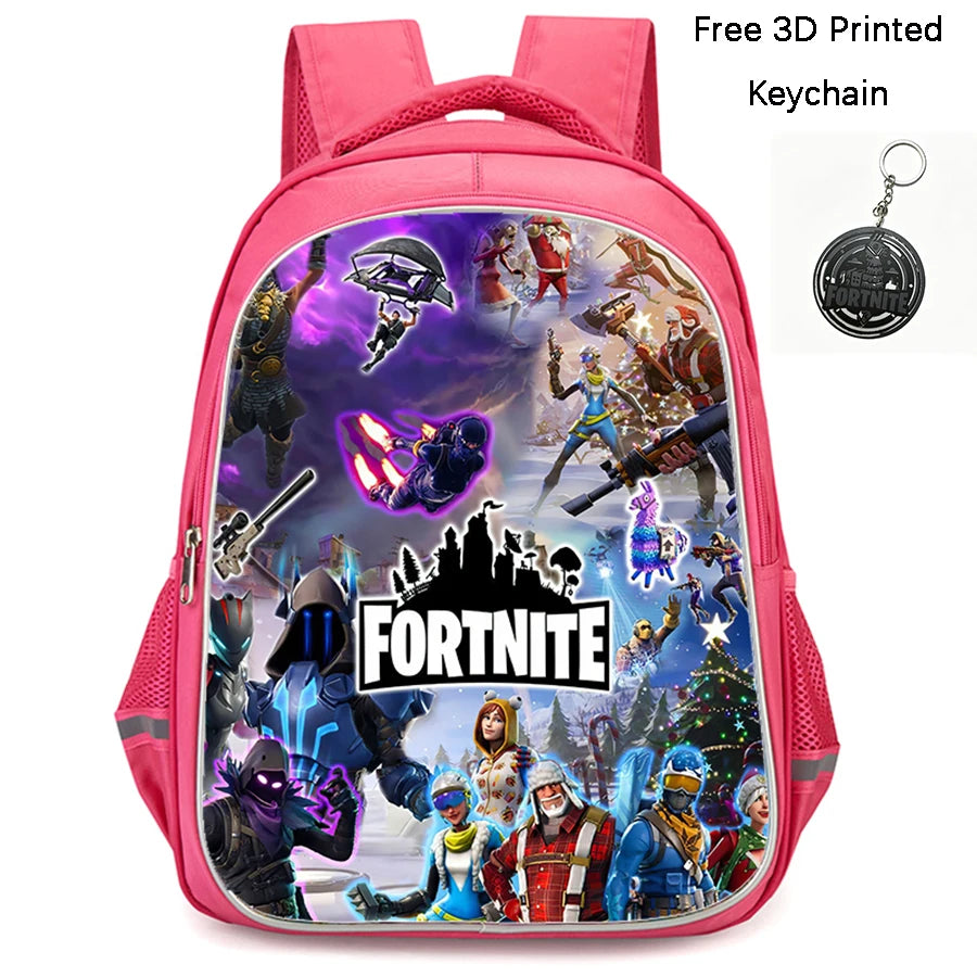 FORTNITE 16-inch Durable Lightweight Backpack, Dual Zipper Pockets, Cartoon Style for Boys & Girls 6-10,Free 3D Printed Keychain