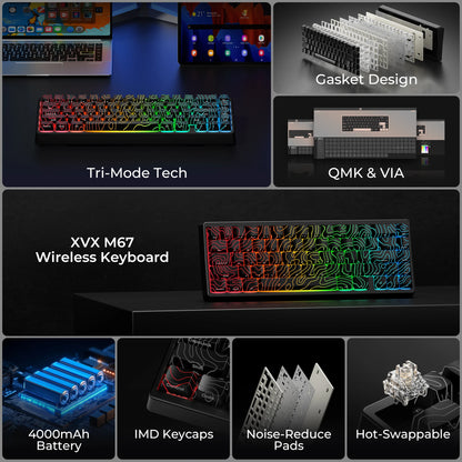 Teclado mecânico XVX M67 JadeStone com teclas IMD-Tech, hot-swappable, gasket, tri-mode, RGB personalizado, sem fios, 65%