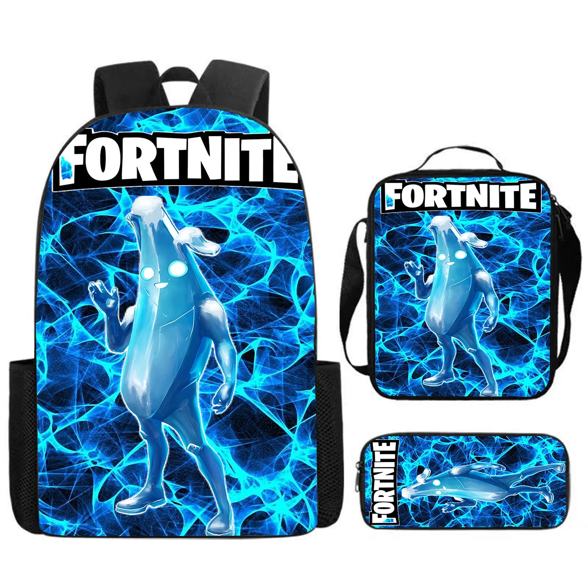 Conjunto Fortnite Cartoon de 3 peças, grande capacidade, adequado para rapazes e raparigas dos 5 aos 8 anos, inclui mochila, lancheira e estojo