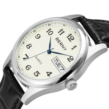 BERNY Quartz Watch for Men Miyota 2405 Business Male Wristwatch Day Top Calendar Genuine Leather Classic Men Watches Waterproof