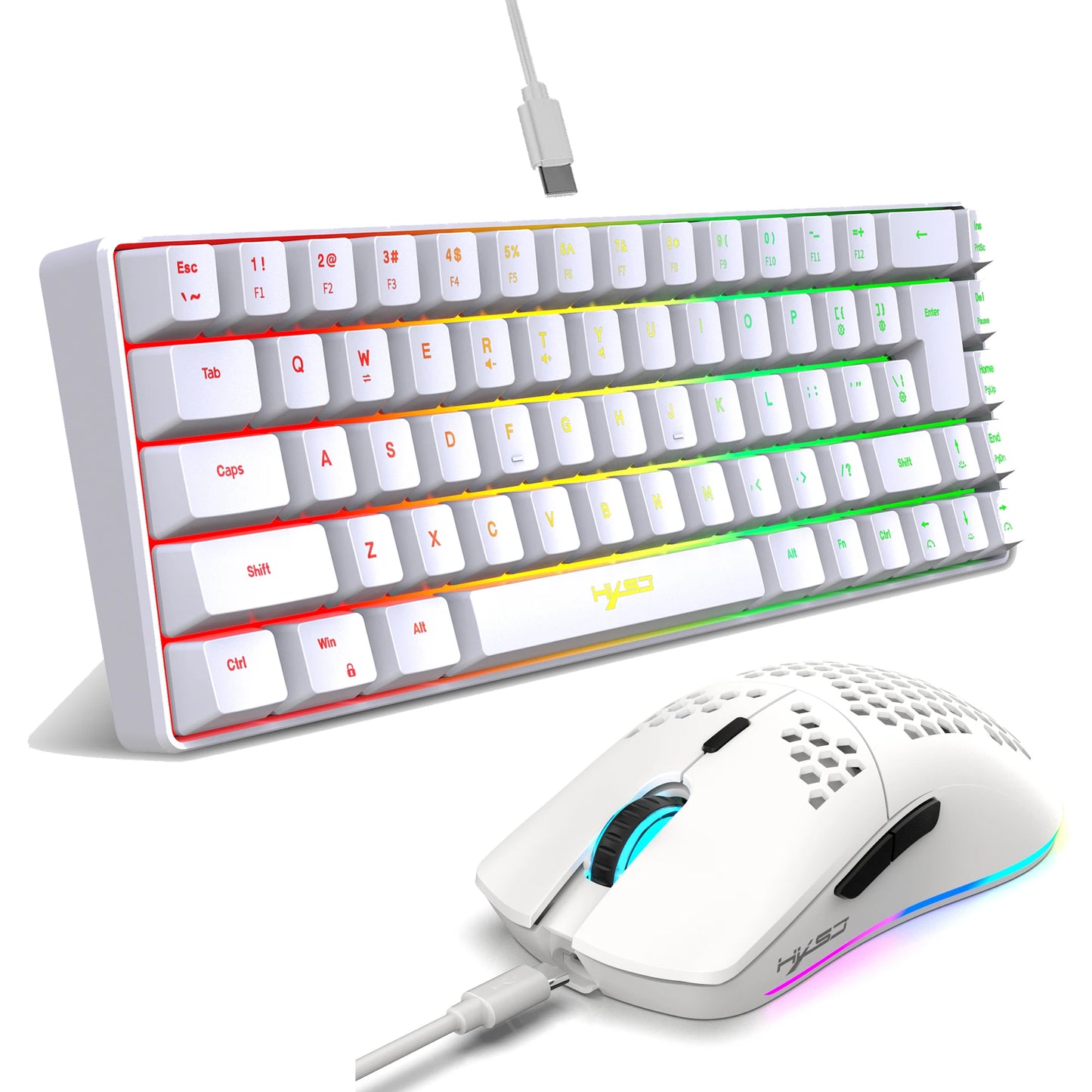 Portable HXSJ 60% RGB Gaming Keyboard and Mouse Set 68-Key Wired Membrane Keyboard 3-Mode Lightweight Wireless Mouse for PC Mac