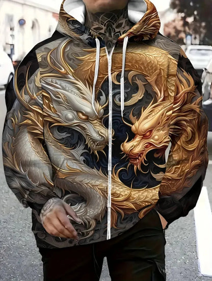 Mens Dragon Print Zipper Hoodie Outdoor Activities Travel Drawstring Long Sleeve Hoodies Autumn Winter Oversize Man Sweatshirts