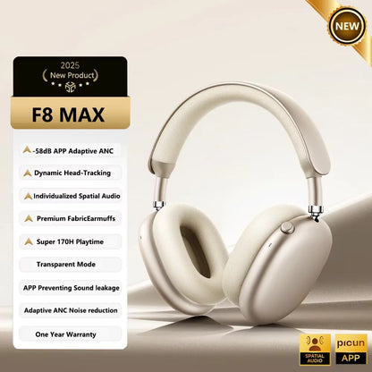 Cuffie wireless Picun F8 Pro ANC con head tracking, audio spaziale 3D, ANC -52dB, headset Bluetooth Hi-Fi, microfono HD ENC, app a bassa latenza