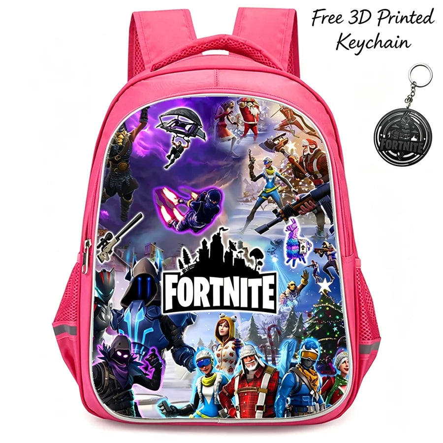 FORTNITE 16-inch Durable Lightweight Backpack, Dual Zipper Pockets, Cartoon Style for Boys & Girls 6-10,Free 3D Printed Keychain