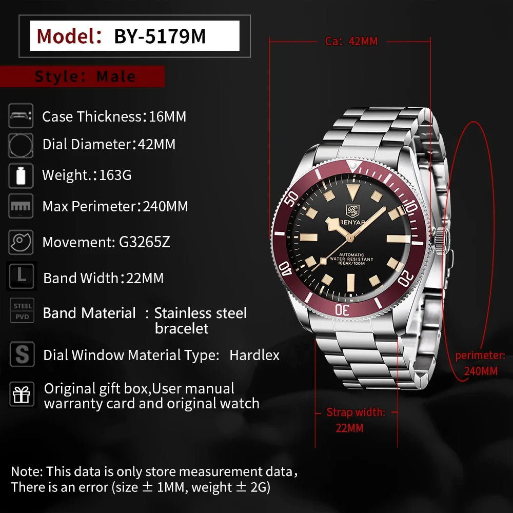 2026 New Mens Watches BENYAR Retro Red Mechanical Automatic luxury watch for men Waterproof Luminous Stainless steel wristwatch