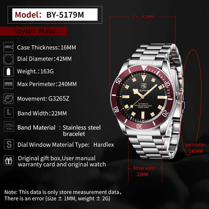 2026 New Mens Watches BENYAR Retro Red Mechanical Automatic luxury watch for men Waterproof Luminous Stainless steel wristwatch