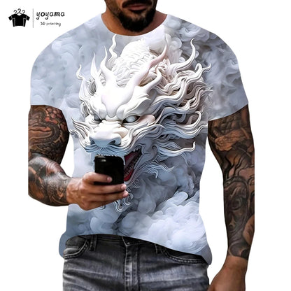 T-shirts för herr med drakmönster, kortärmad T-shirt, trendig streetwear-topp med O-ringning, djurmönster i 3D-tryck, lös och mångsidig herrklädsel