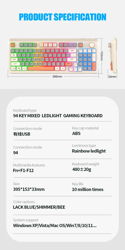 K82 Gaming Keyboard Glows Wired USB Desktop PC/Notebook Available 19-key punchless knob to adjust volume