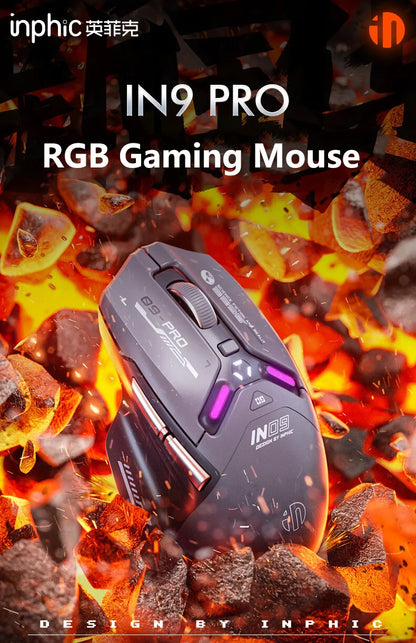 Mouse da gaming wireless Inphic IN9PRO 26000DPI 8K Polling Rate Bluetooth 5.0 cablato 2.4G tri-mode RGB ergonomico
