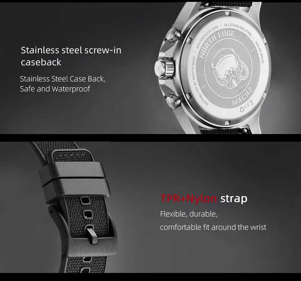 NORTH EDGE 2024 MACH 2 Men's Watches Solar Power 316 stainless steel Case Quartz Watch For Men Pilot Waterproof 50M Stopwatch