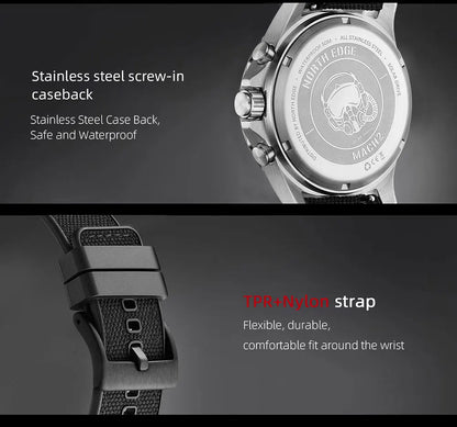 NORTH EDGE 2024 MACH 2 Men's Watches Solar Power 316 stainless steel Case Quartz Watch For Men Pilot Waterproof 50M Stopwatch