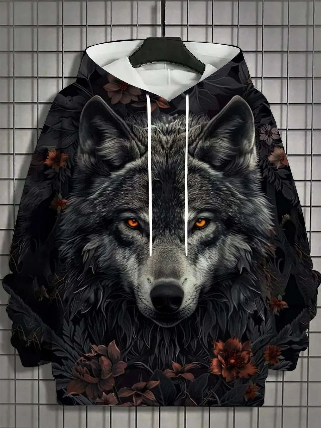 Camisola desportiva com capuz para homem, moda outono 2025, macia e confortável, com estampado de lobo, para exterior e estilo urbano
