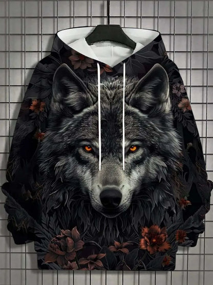 Camisola desportiva com capuz para homem, moda outono 2025, macia e confortável, com estampado de lobo, para exterior e estilo urbano