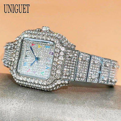 UNIGUET New Women Full Diamond Iced out Watch Fashion Square Rainbow Dial Hip Hop Bling Luxury Quartz Ladies Wristwatch Hot Sale