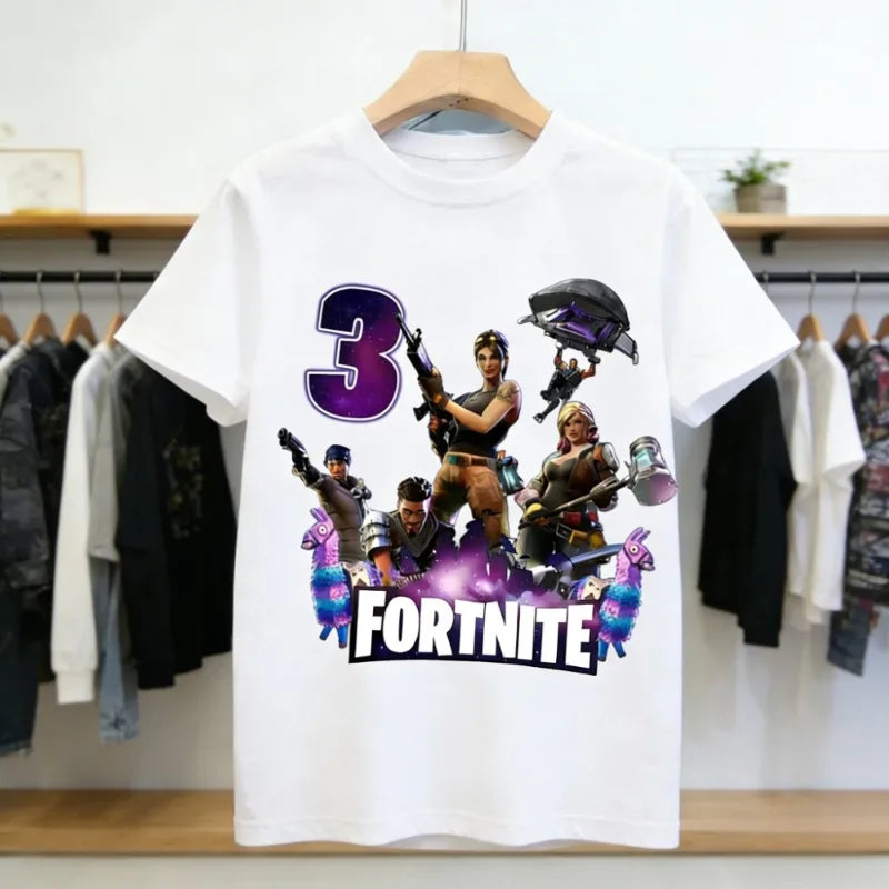 T-shirt de aniversário infantil Fortnites com número para menina e menino, roupa de verão em algodão para bebé, top de manga curta para festa, presente para criança pequena