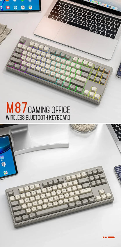 Teclado M87 Sem Fios Bluetooth de Modo Duplo, Sensação Mecânica para Gaming e Escritório, Silencioso, Teclas PBT Ball Cap, Luz Arco-Íris