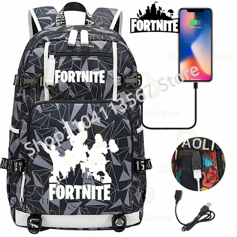 Mochila Yule Trooper F-Fortnited Battle Royale com carregamento USB, figuras anime e compartimento para material escolar para estudantes