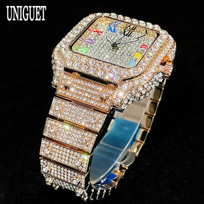 UNIGUET Big Diamond Watch Men Luxury Colored Roman Literal Watch Man Hip Hop Jewelry Bling Bling Square Wristwatch Dropshipping