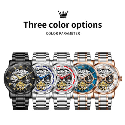 OLEVS 6670 Mens Watch Luxury Brand Skeleton Mechanical Watch Moon Phase Stainless Steel Watches For Man Gifts Box High Quality