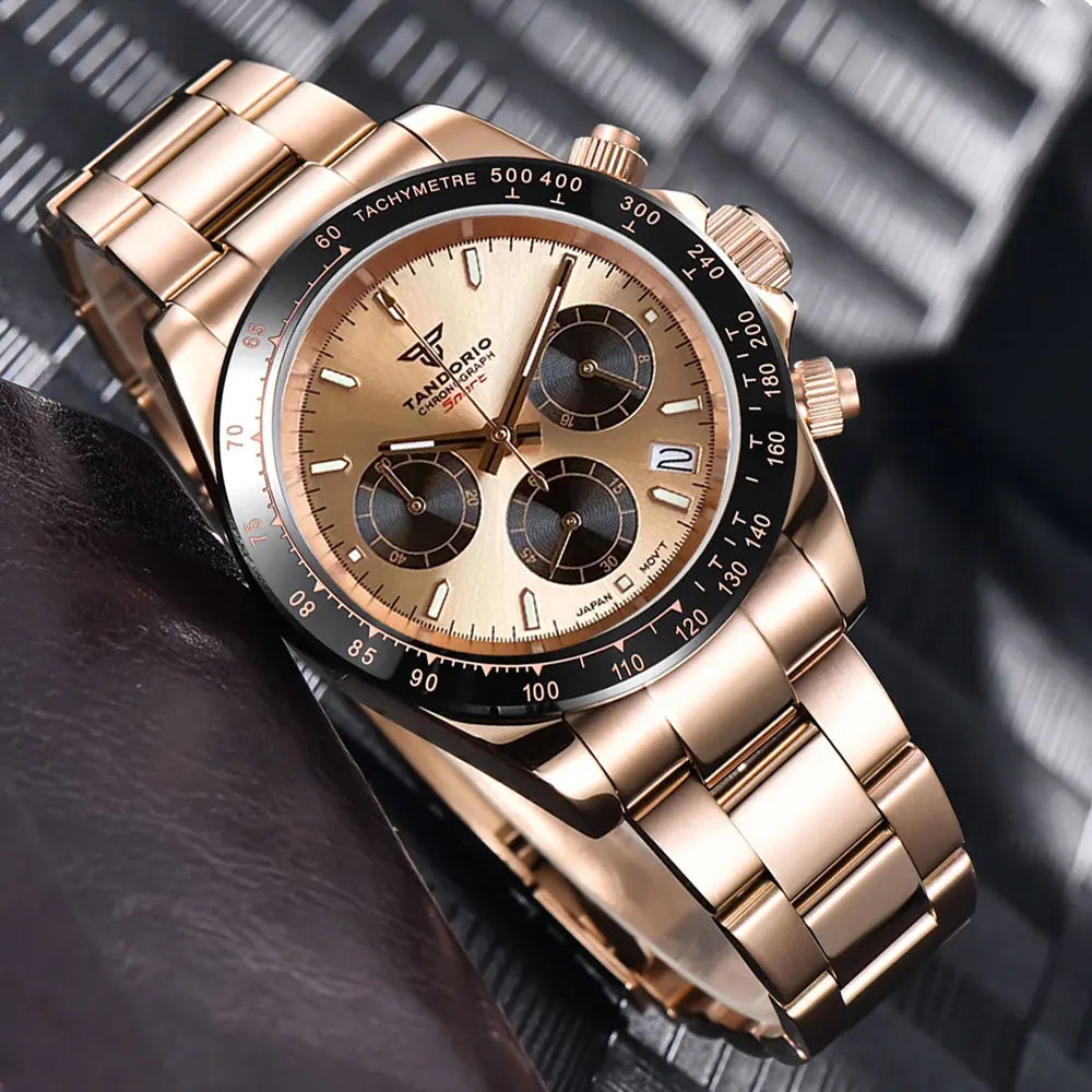 Relógio de Luxo para Homem VK63 com Movimento de Quartzo, Cronógrafo Business, 39mm, Aço/Ouro Rosa, Data, Mostrador Luminescente, Cronógrafo Completo