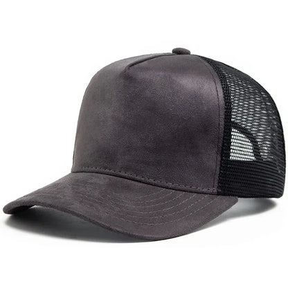 Boné trucker unissexo 2025 de 5 painéis em malha e camurça com logótipo personalizado, boné de basebol para homem, primavera/verão, respirável, desportivo, para mulher