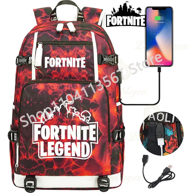 Mochila Yule Trooper F-Fortnited Battle Royale com carregamento USB, figuras anime e compartimento para material escolar para estudantes