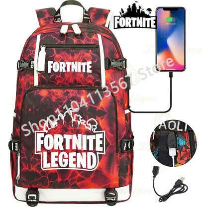 Mochila Yule Trooper F-Fortnited Battle Royale com carregamento USB, figuras anime e compartimento para material escolar para estudantes