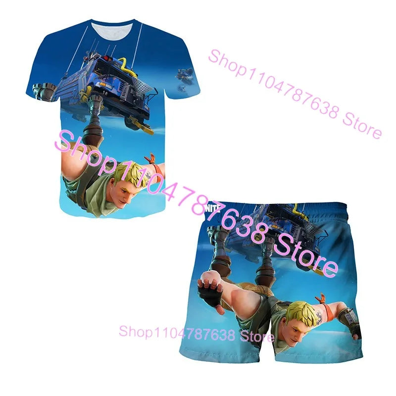 Conjunto Infantil 2 Peças F-Fortnited Victory 3D, T-shirt e Calções para Meninas e Meninos, Roupa Battle Royale, T-shirts Harajuku Hero
