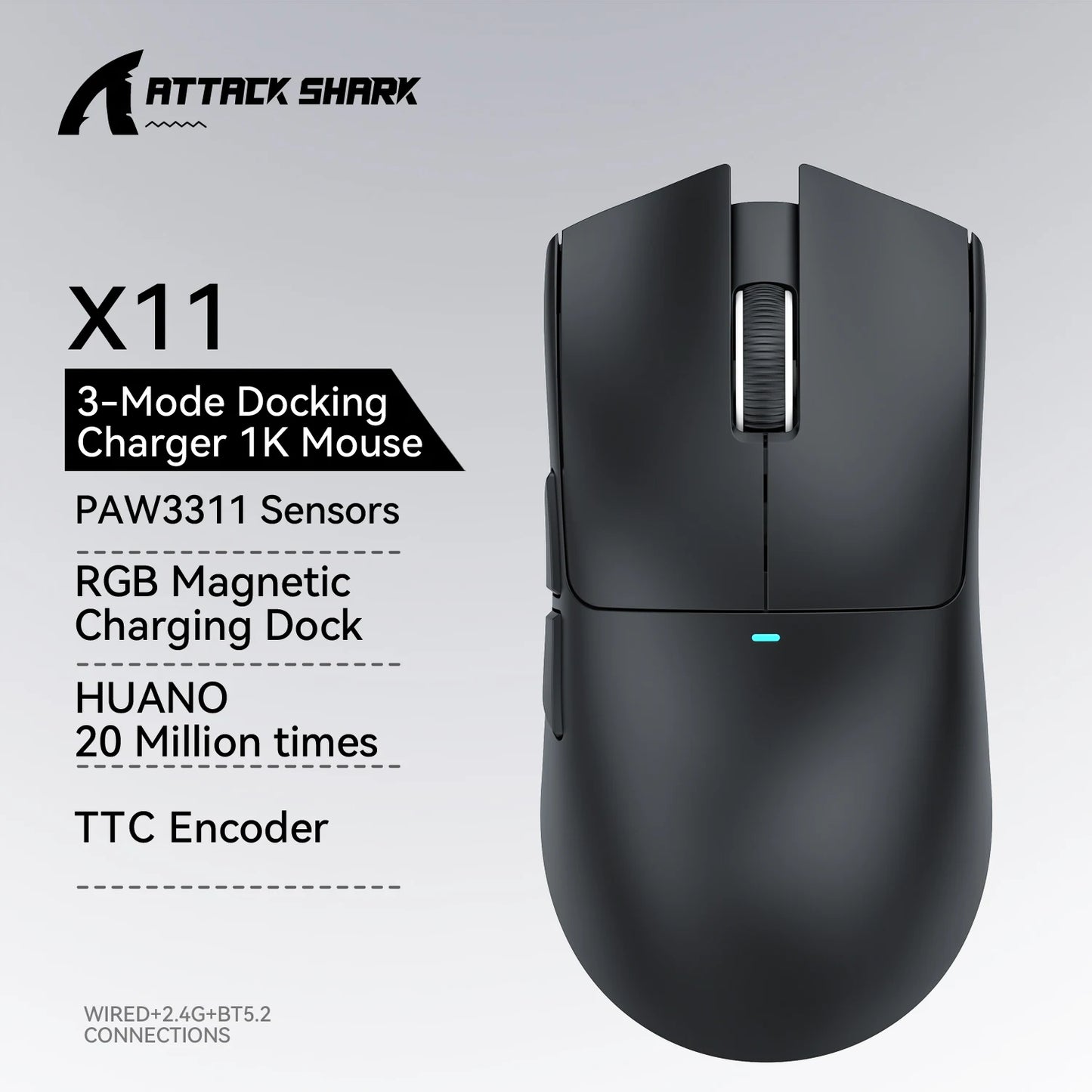Rato gaming ATTACK SHARK X11 e rato sem fios X11 SE 22000 DPI, sensor PAW3311, BT/2.4G/com fios, leve 59g, 2000W cliques
