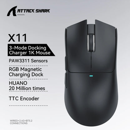 Rato gaming ATTACK SHARK X11 e rato sem fios X11 SE 22000 DPI, sensor PAW3311, BT/2.4G/com fios, leve 59g, 2000W cliques