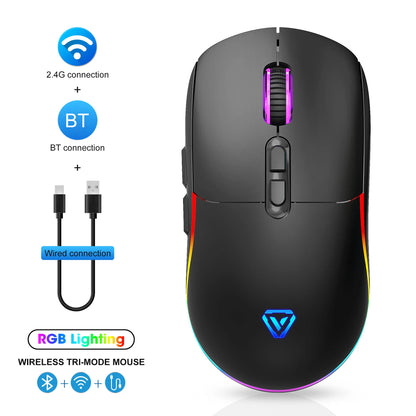 Rato Tri-Mode 2.4G sem fios/Bluetooth/com fios, DPI ajustável em 6 níveis, bateria de 500mAh, iluminação RGB, rato de gaming e eSports com macro para escritório