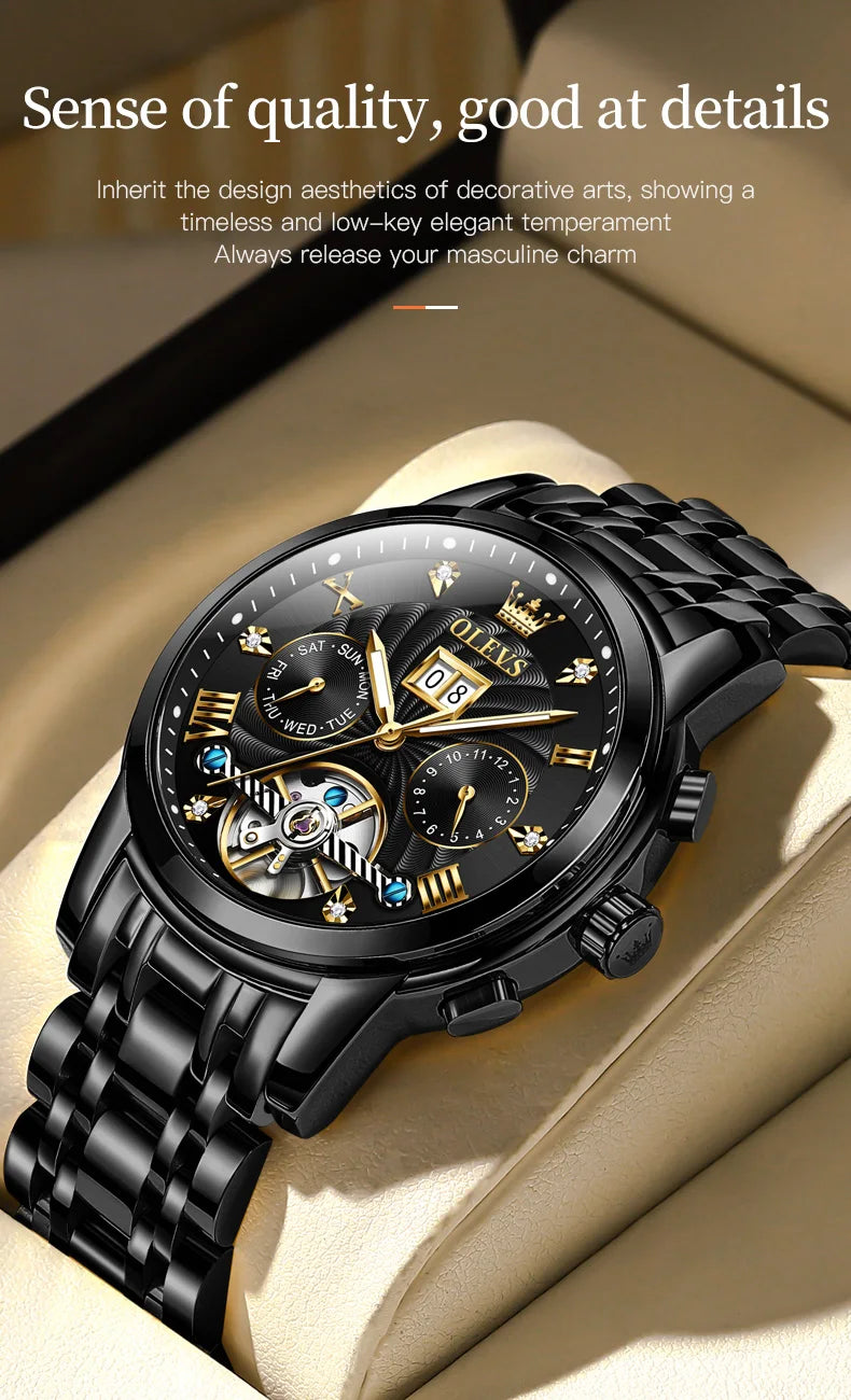 OLEVS 9910 Mens Watch Original Luxury Tourbillon Automatic Mechanical Watche Waterproof Luminous  Day-Date Watch With Box Reloj