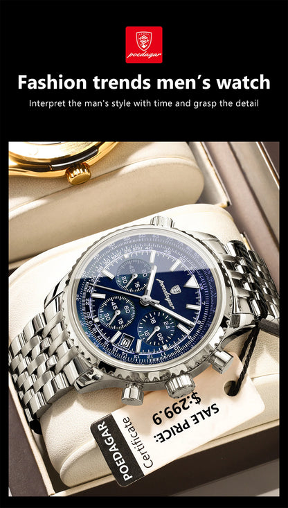 POEDAGAR Fashion Military Men's Watches Waterproof Luminous Date Chronograph Man Watch Stainless Steel Luxury Quartz Male Clock