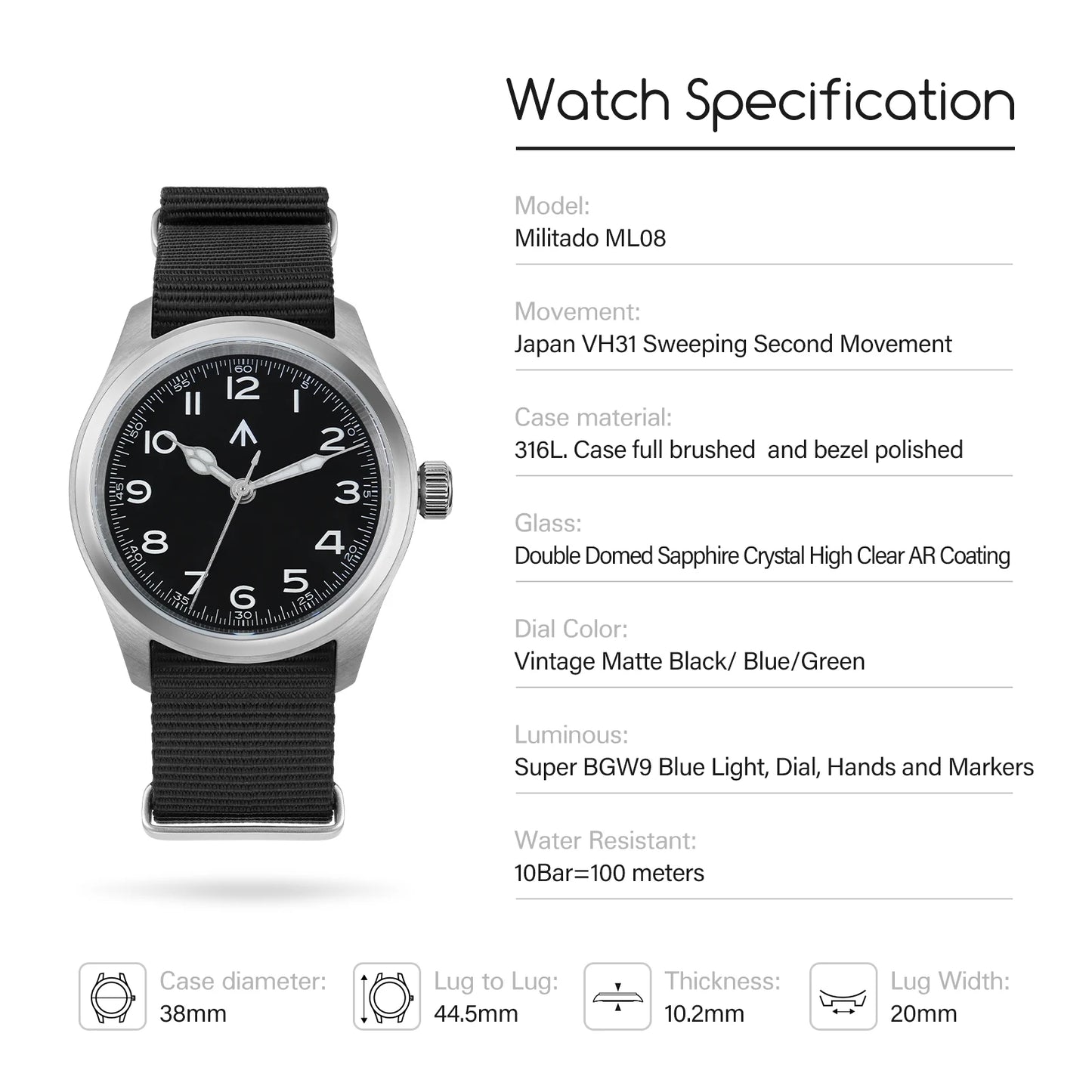 Relógio de Quartzo Vintage Militar Militado ML08 V2 com Movimento VH31, Vidro Duplo de Safira, Luminescência C3 BGW-9, Impermeável, 38mm