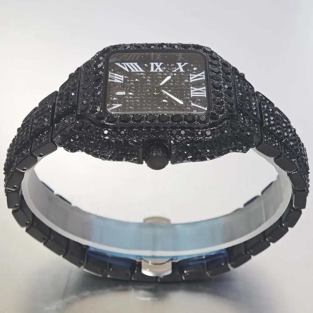 UNIGUET Cool Men's Watch Luxury Stainless Steel Quartz Watch Hip Hop Black Diamond Square Design Fashion Iced Wristwatch for Men