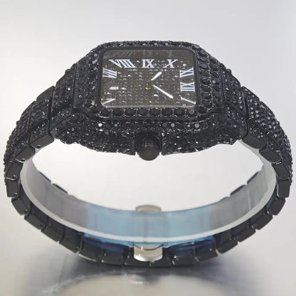 UNIGUET Cool Men's Watch Luxury Stainless Steel Quartz Watch Hip Hop Black Diamond Square Design Fashion Iced Wristwatch for Men
