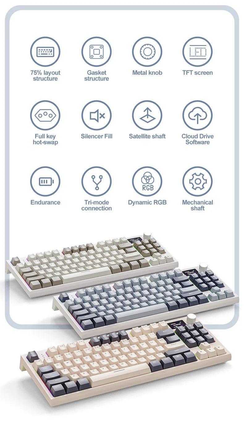 ATTACK SHARK K86 Mechanical Keyboard with Metal Knob, TFT Smart Color Screen, 87-key Layout, RGB Lighting, and Three-mode Connection