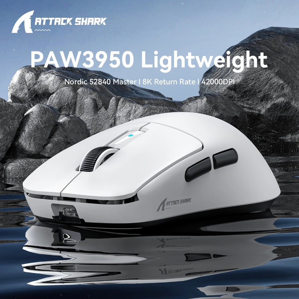 Rato Gaming Attack Shark R6 38g ultraleve, sem fios com taxa de retorno PAW3950 8K, Nordic 52840, 24000DPI, tri-modo