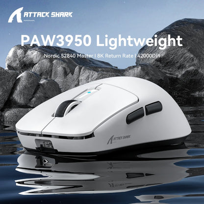 Rato Gaming Attack Shark R6 38g ultraleve, sem fios com taxa de retorno PAW3950 8K, Nordic 52840, 24000DPI, tri-modo